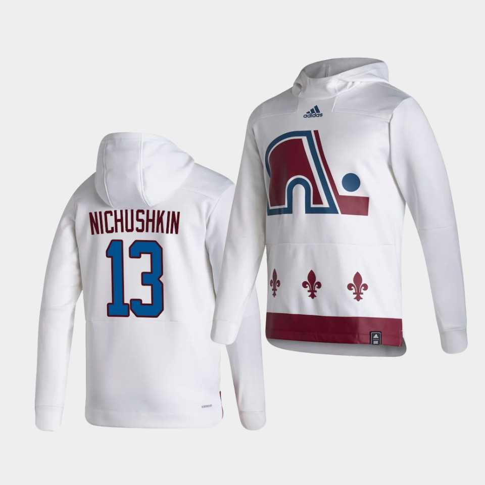 Men Colorado Avalanche 13 Nichushkin White NHL 2021 Adidas Pullover Hoodie Jersey